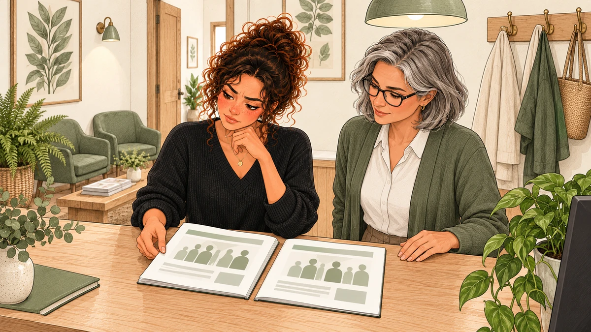Sarah et un collègue comparent deux synthèses scientifiques au cabinet.