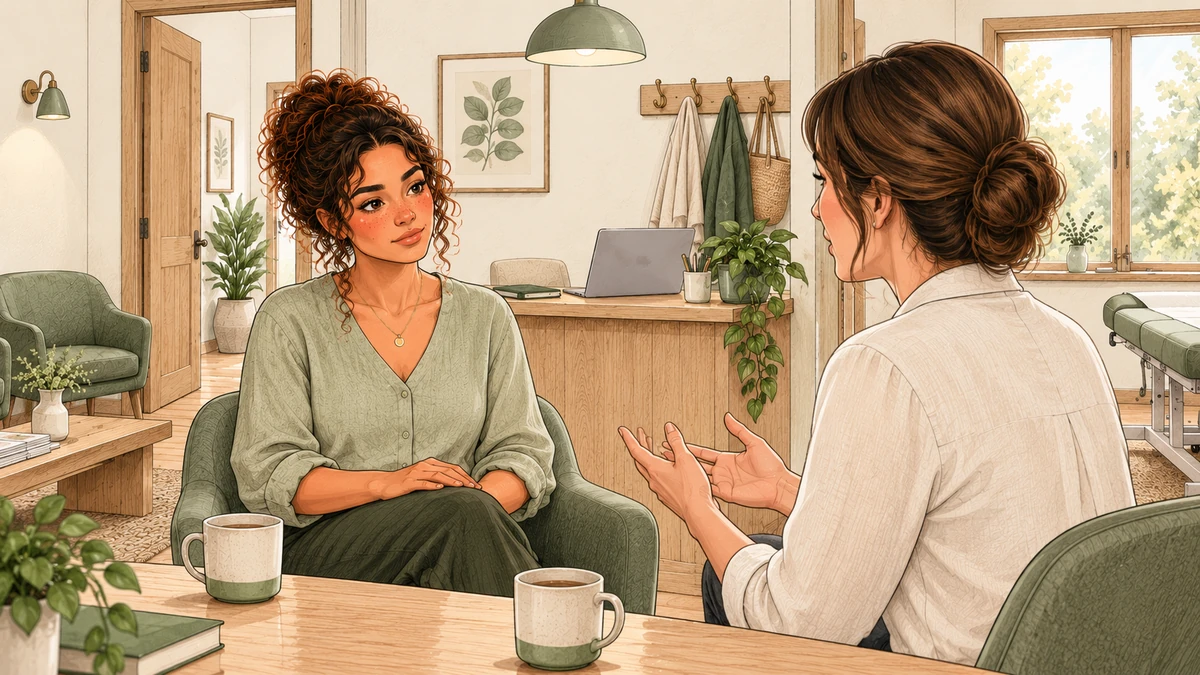 Sarah écoute une personne dans un cadre calme et sans mise en scène thérapeutique.