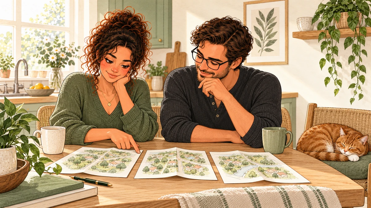 Sarah compare plusieurs options sur les mêmes critères, avec Tom à la maison.