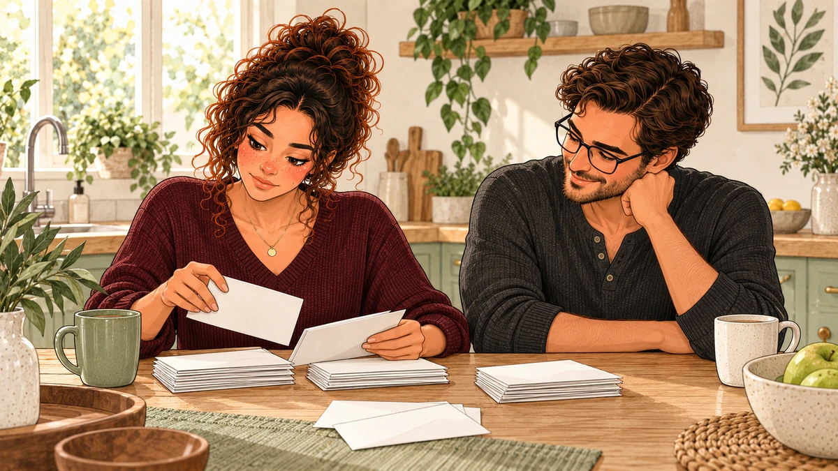 Sarah organise les enveloppes du projet avec Tom à la maison.