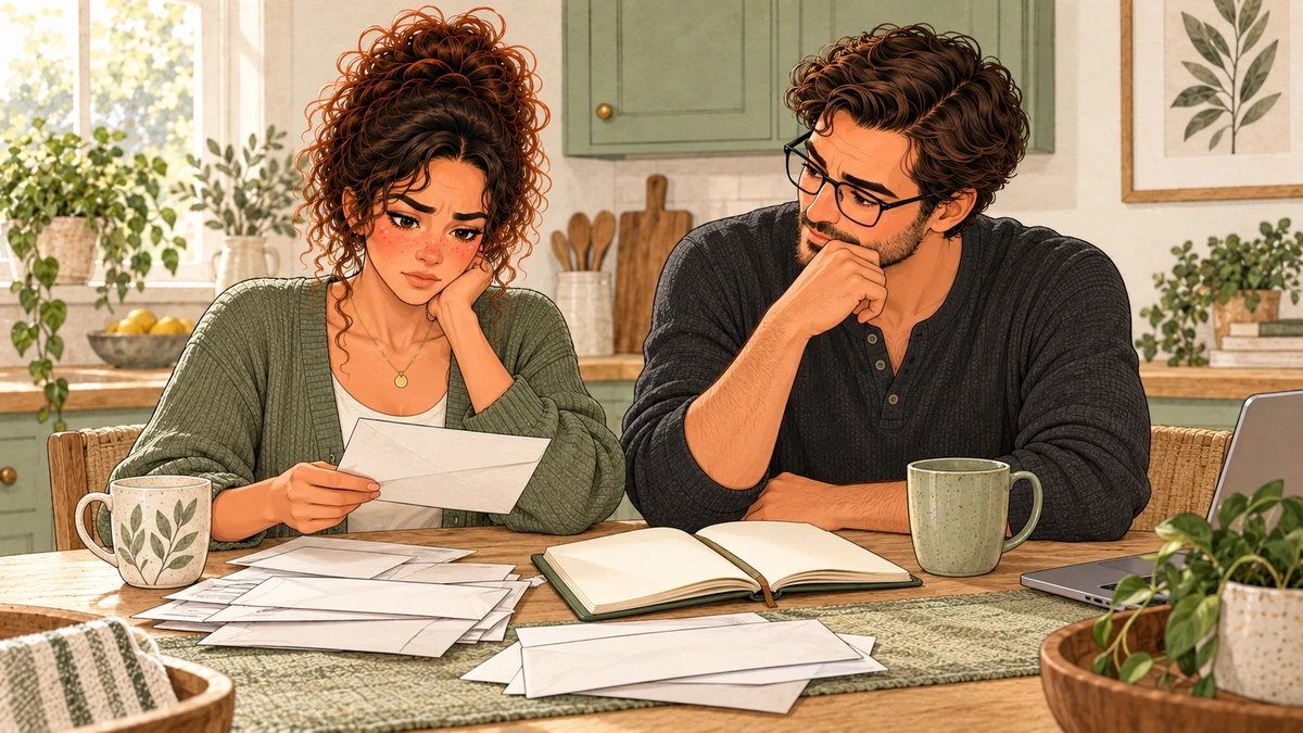 Sarah prépare une revue de trésorerie avec Tom à la maison.