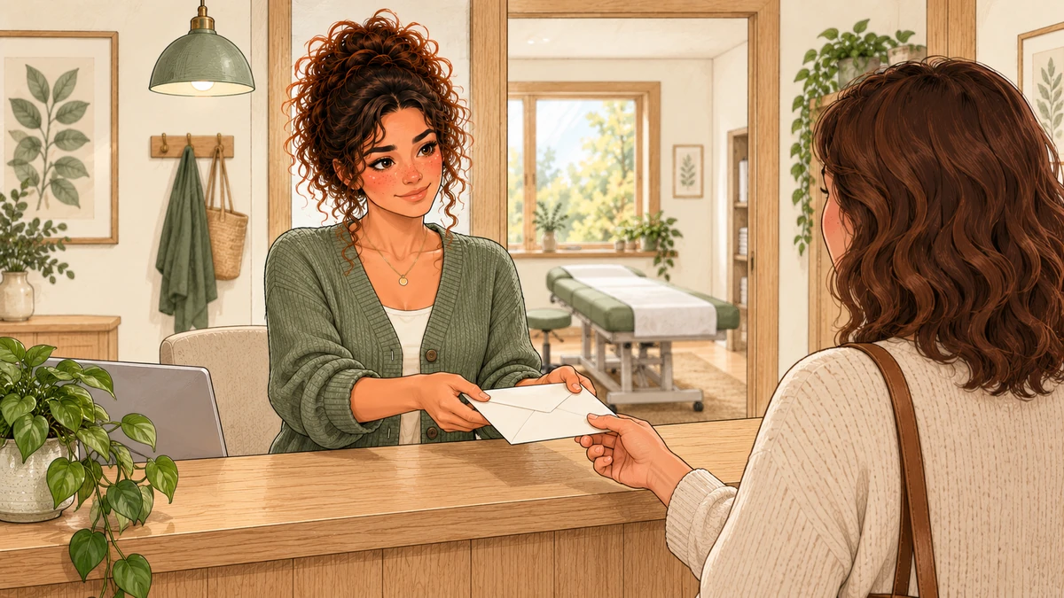 Sarah remet un document dans une enveloppe fermée.