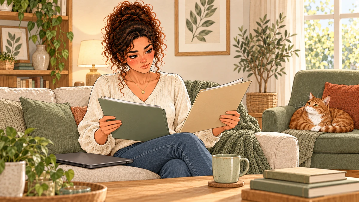 Sarah relit les documents avant de décider.