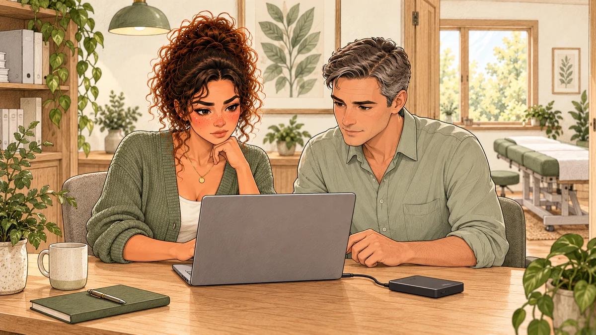 Sarah teste une restauration avec un intervenant technique.