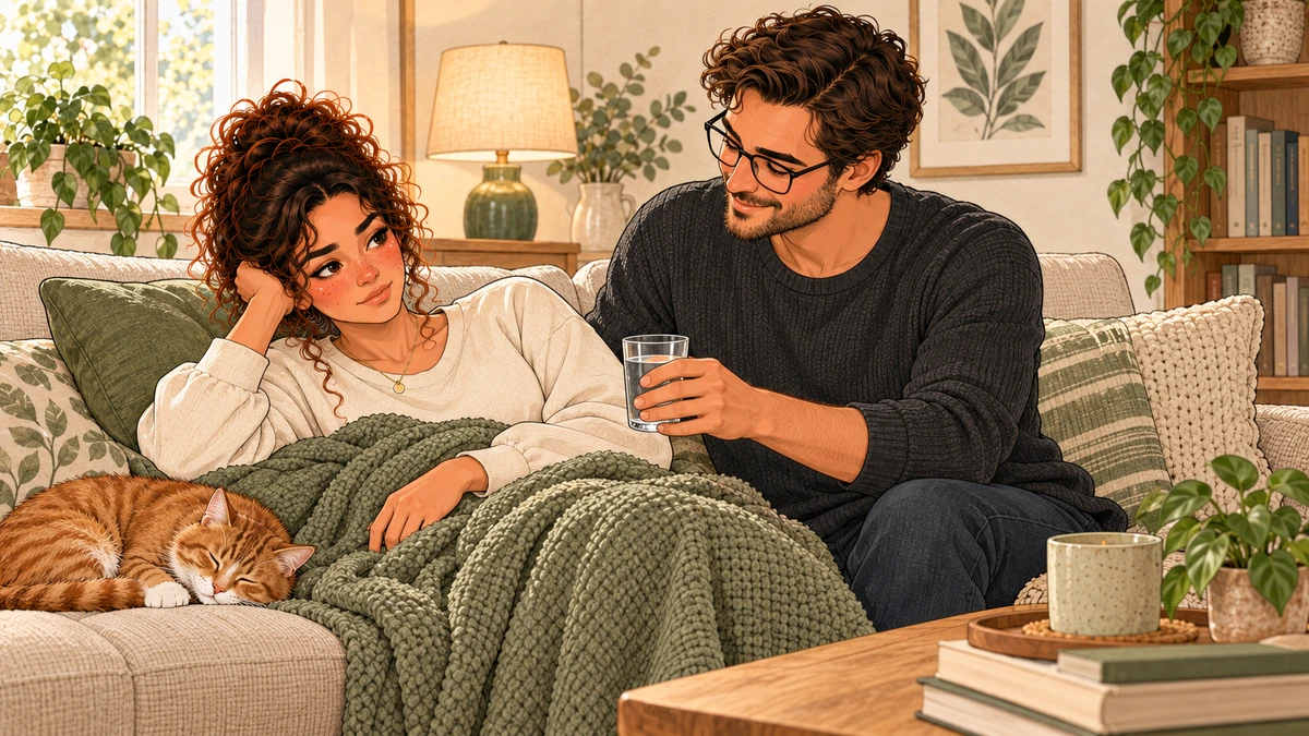 Sarah se repose tandis que Tom lui apporte un verre d’eau.