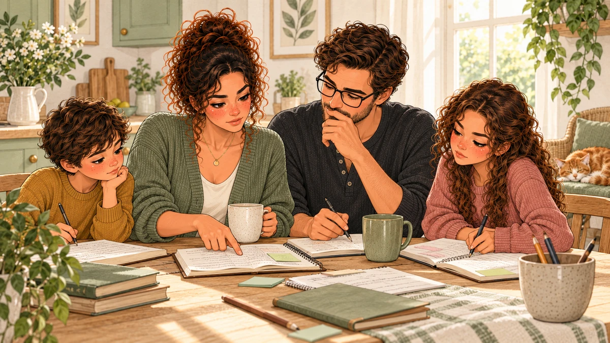 Sarah examine des notes générales avec Tom, Rose et Jules.