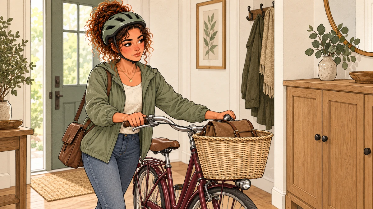 Sarah pousse son vélo à côté d’elle avant de partir.