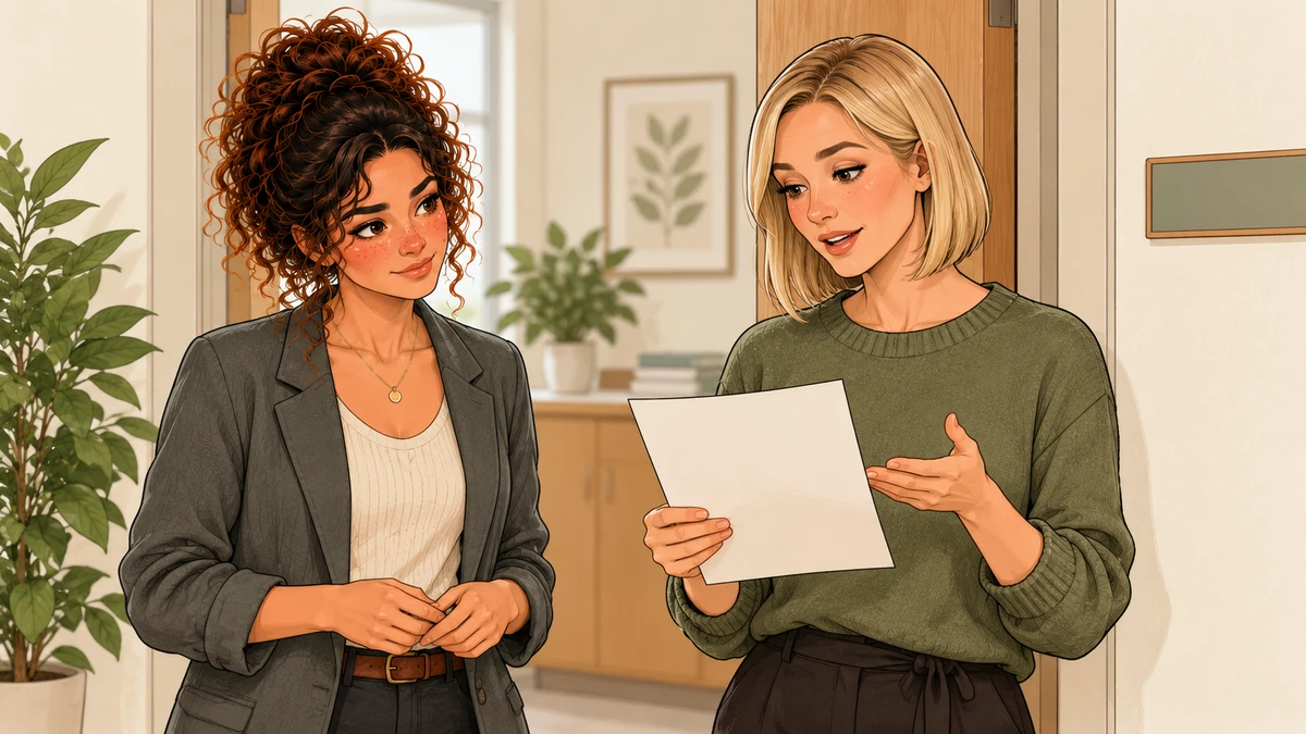 Sarah teste la compréhension d’une présentation auprès d’une collègue.