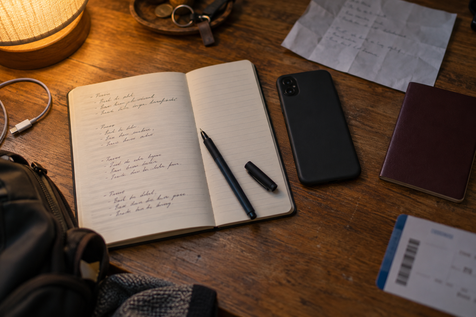 Open notebook with handwritten notes and a pen, next to a face-down phone, keys and a charging cable on a wooden table