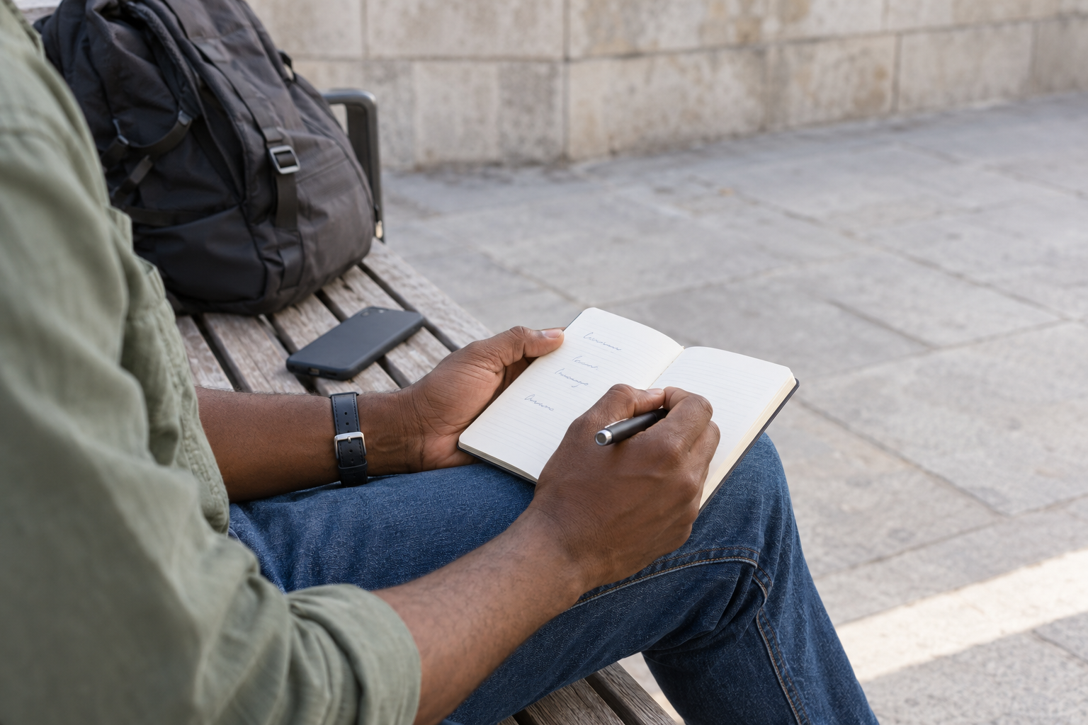 A person sitting alone on a bench in an empty spot writes in a small notebook, with a phone and a backpack beside them.