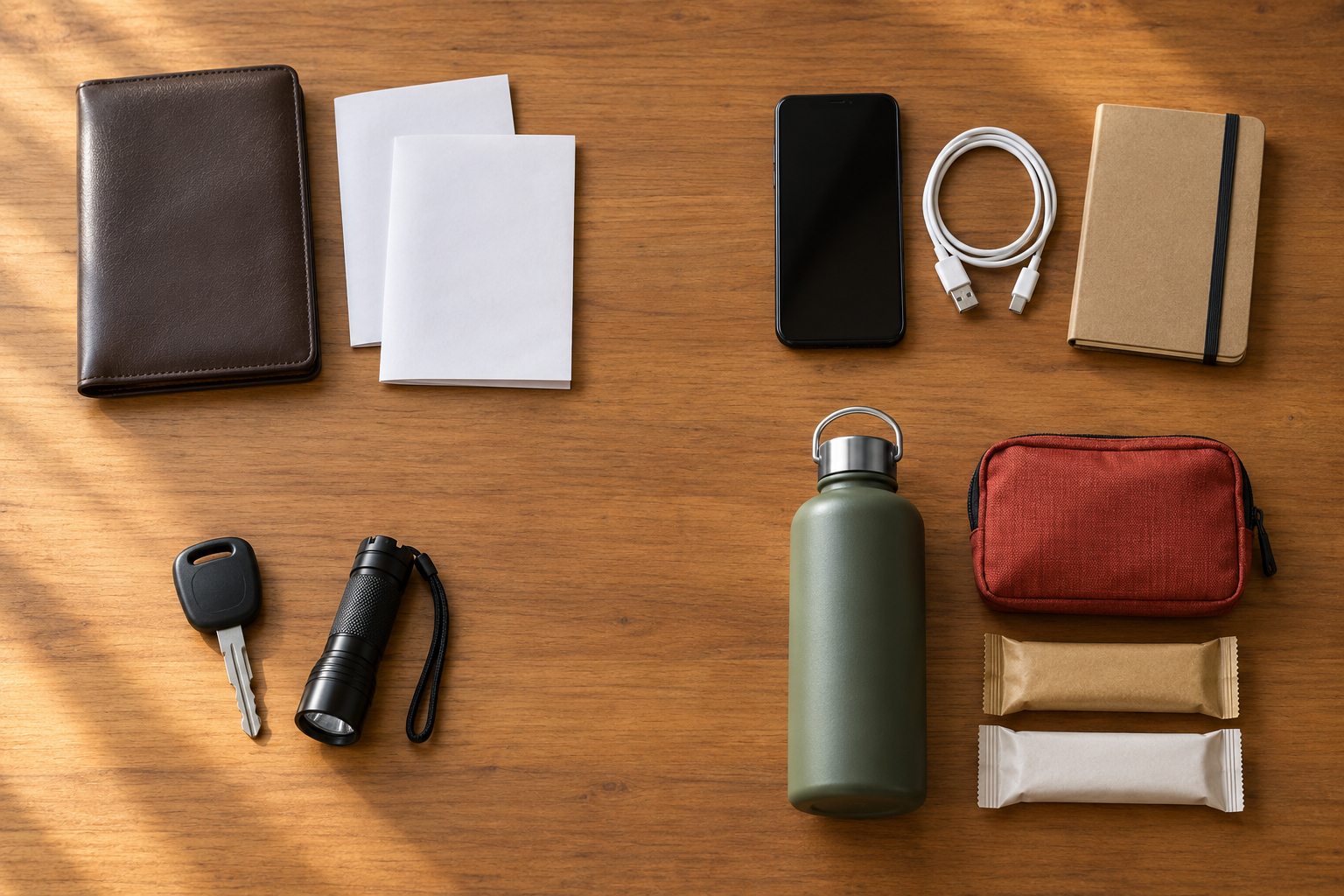 Objets de départ posés sur une table en quatre groupes : un étui fermé et deux feuillets vierges ; un téléphone éteint, un câble et un carnet ; une clé de voiture et une lampe torche ; une gourde, une trousse et deux barres.