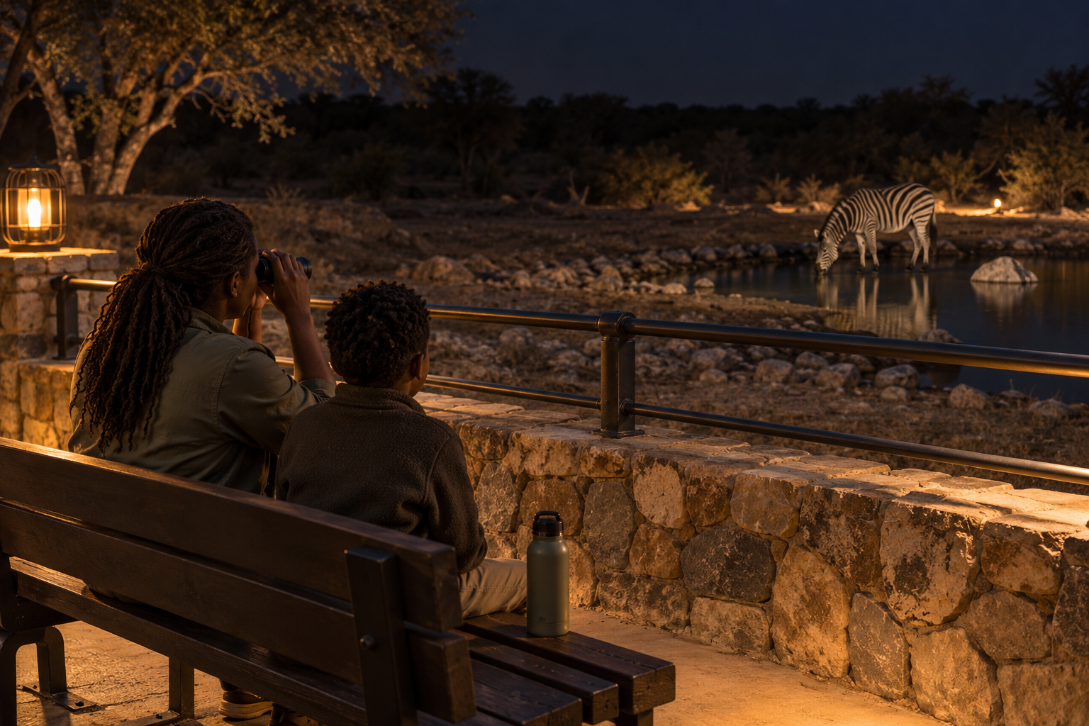 De nuit, un parent et un enfant assis sur un banc derrière un muret de pierre surmonté d'une rampe regardent, aux jumelles, un zèbre boire au loin dans un point d'eau éclairé