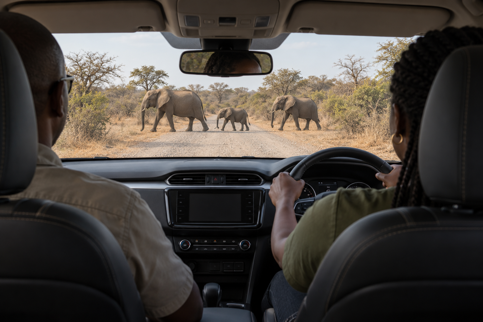 Illustration : vue depuis la banquette arrière d'une voiture ; une conductrice noire, mains sur le volant, et son passager attendent que trois éléphants, dont un petit, finissent de traverser la piste devant eux