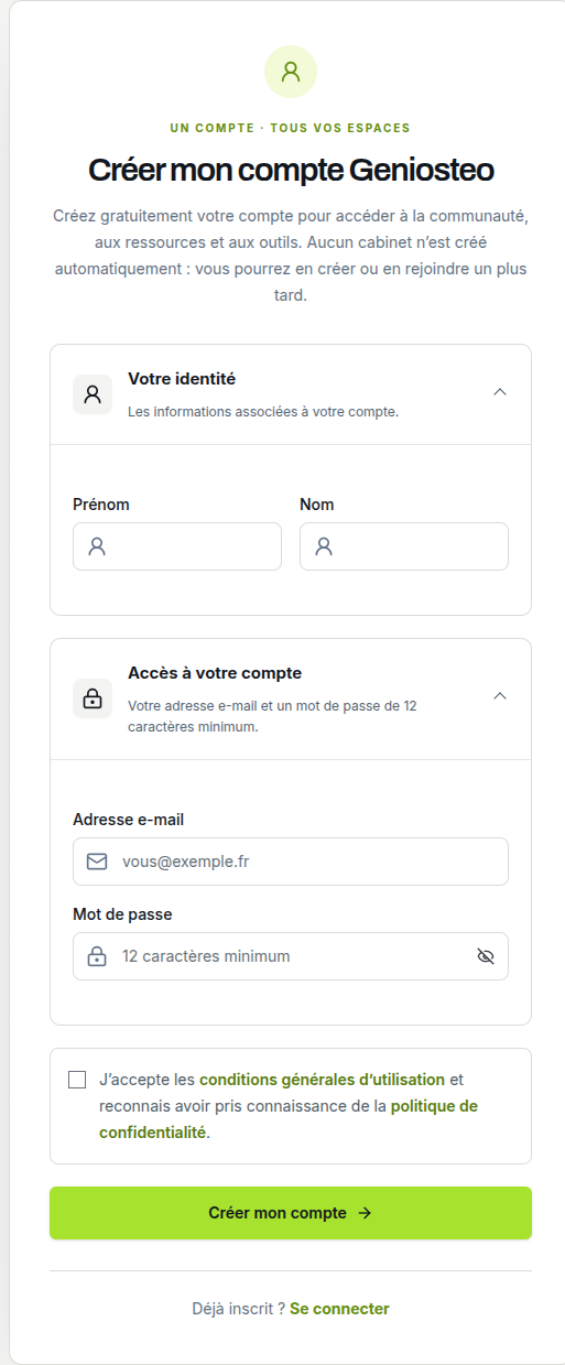 Formulaire de création de compte : identité, accès et acceptation des conditions.