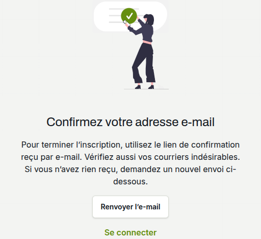 Écran invitant à confirmer l’adresse e-mail du compte.
