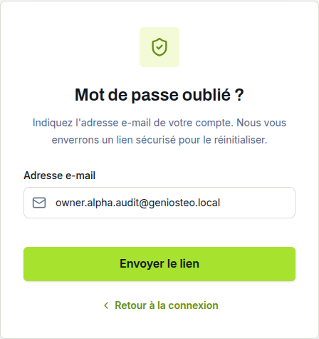 Formulaire Mot de passe oublié avec le bouton Envoyer le lien.