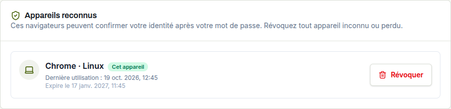 Navigateur fictif reconnu, expiration et bouton Révoquer.