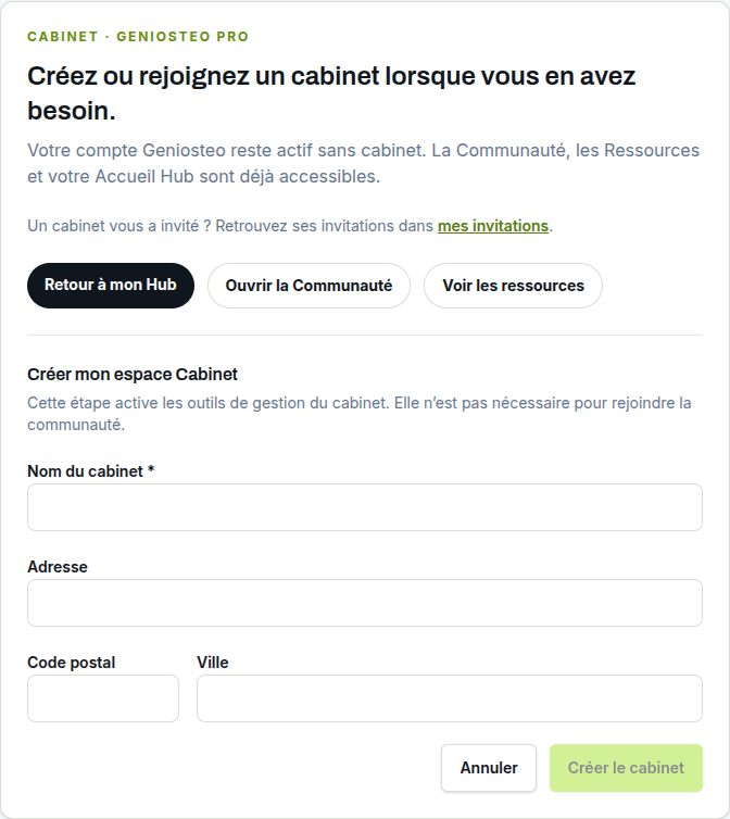 Compte sans cabinet proposant de créer ou rejoindre un espace Cabinet.