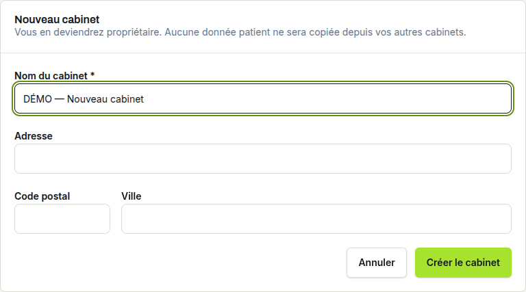 Formulaire Nouveau cabinet : nom, adresse, code postal et ville.