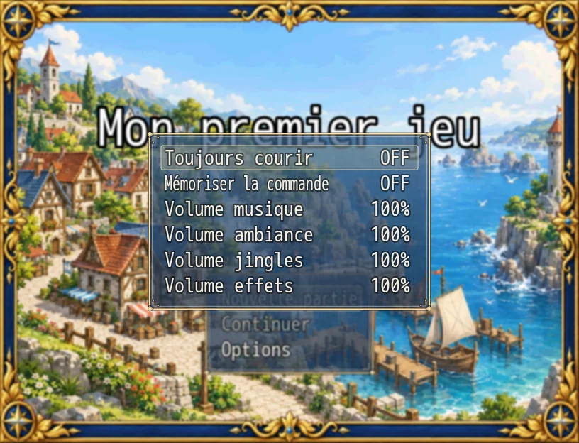 Menu d'options par défaut d'un jeu au format MV : courir, mémoriser la commande et quatre réglages de volume