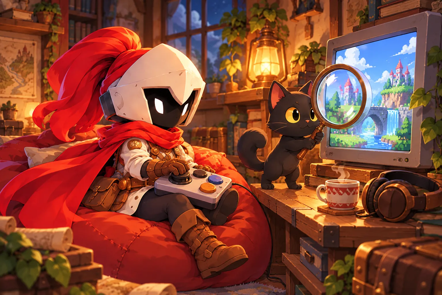 La mascotte de Makerllo teste un jeu avec une manette adaptée à une main, son chat brandit une loupe devant l'écran