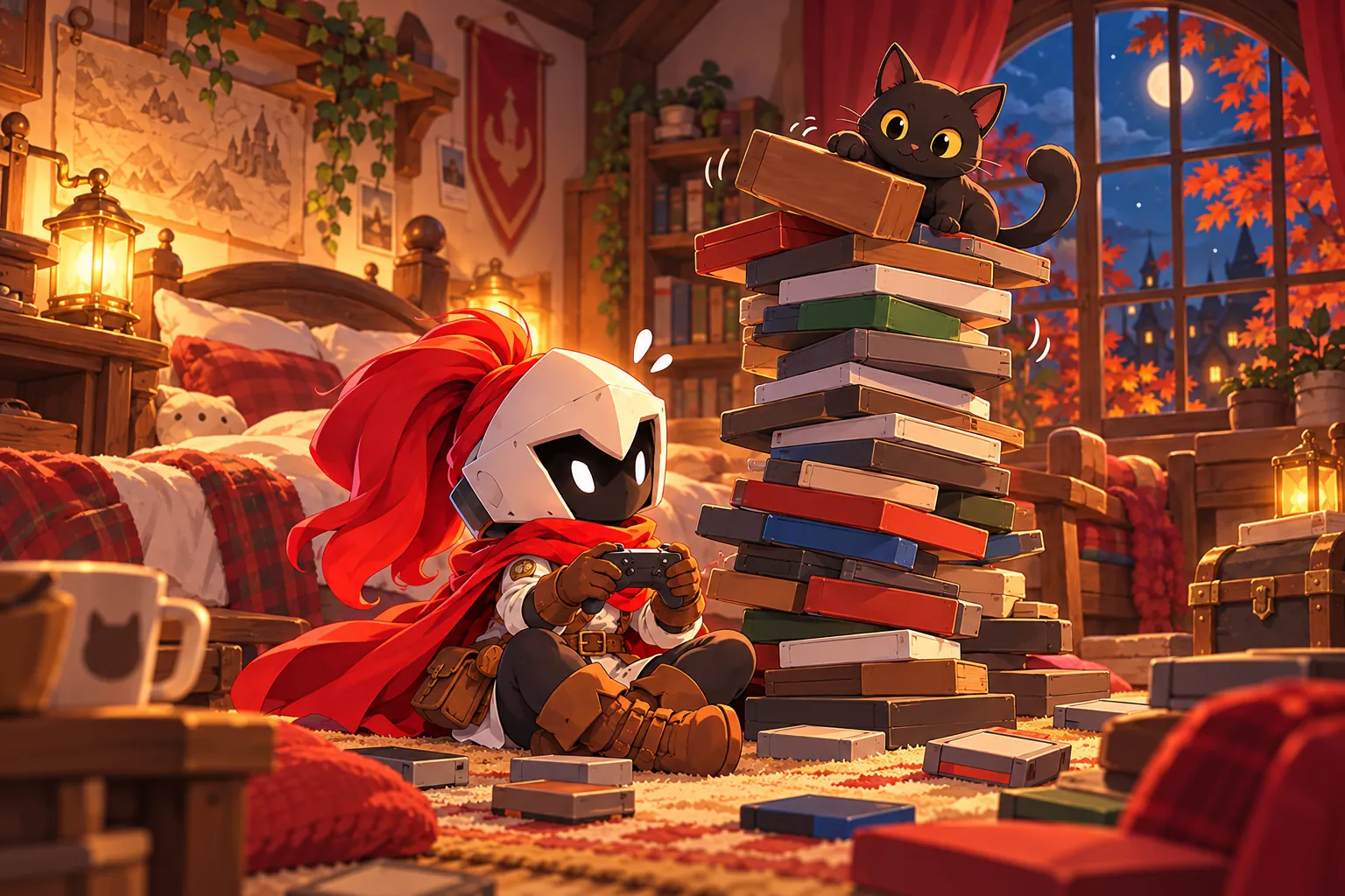 La mascotte de Makerllo, manette en main, au pied d'une tour de boîtes de jeux que son chat s'apprête à renverser