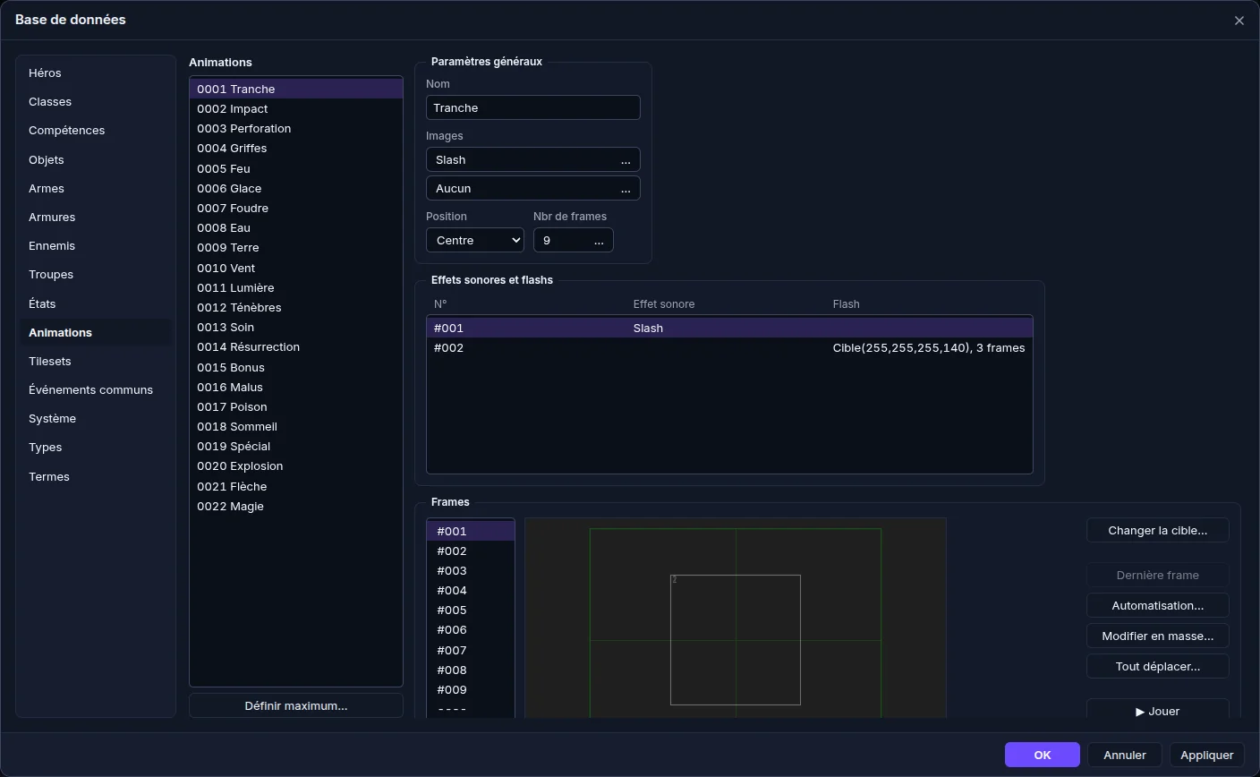 Animation « Tranche » dans la base de données de l'éditeur Makerllo, avec ses images, son effet sonore et son flash