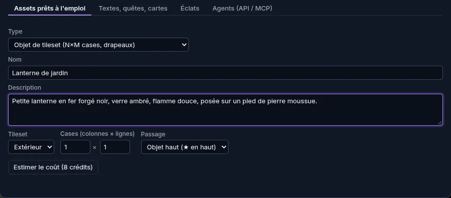 L'assistant IA de Makerllo, onglet Assets prêts à l'emploi : objet de tileset « Lanterne de jardin » décrit en une phrase
