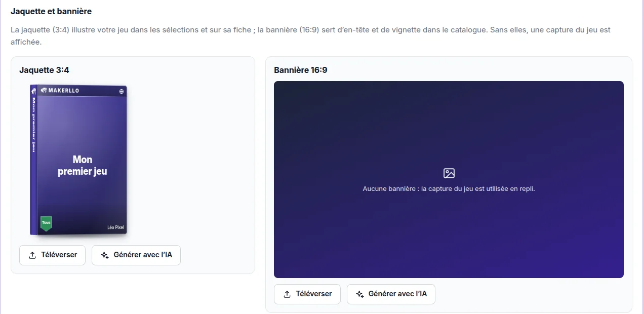 Section « Jaquette et bannière » de Makerllo avec une jaquette 3:4 en boîtier et une bannière 16:9 vide