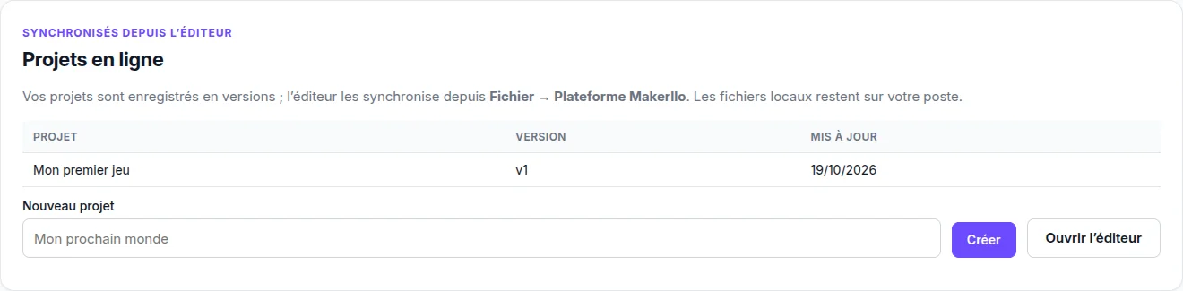 Liste des projets en ligne dans l'espace membre Makerllo, avec leur numéro de version et leur date de mise à jour