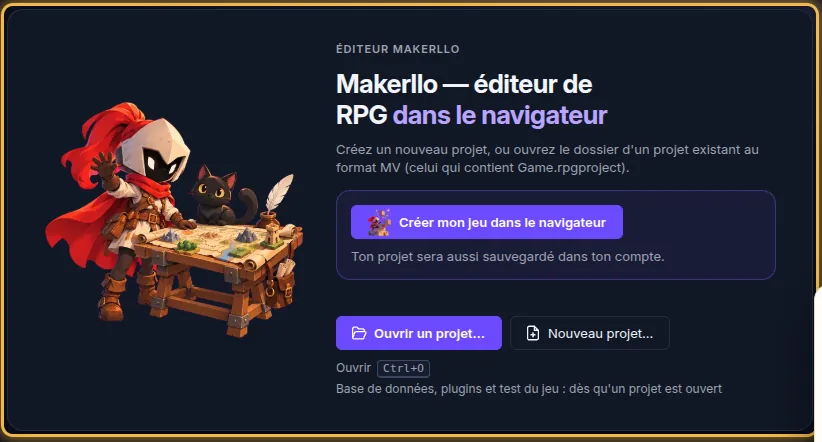L'écran d'accueil de l'éditeur Makerllo avec la mascotte et le bouton « Créer mon jeu dans le navigateur »