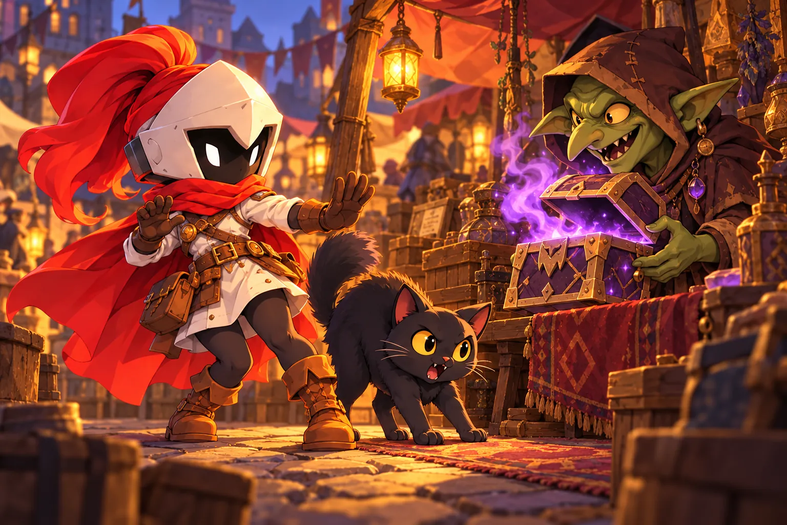 La mascotte de Makerllo refuse un coffre mystère lumineux que lui tend un gobelin, son chat noir crache
