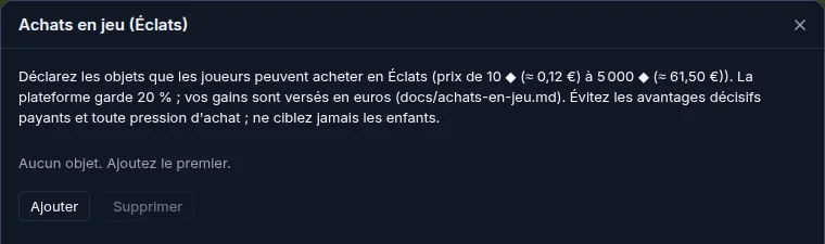 Fenêtre « Achats en jeu » de l'éditeur Makerllo avec ses consignes : pas d'avantage décisif ni de pression d'achat
