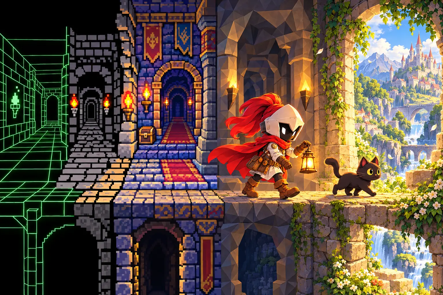 Couloir de pierre passant du fil de fer vert au pixel art puis à la peinture, traversé par la mascotte et son chat