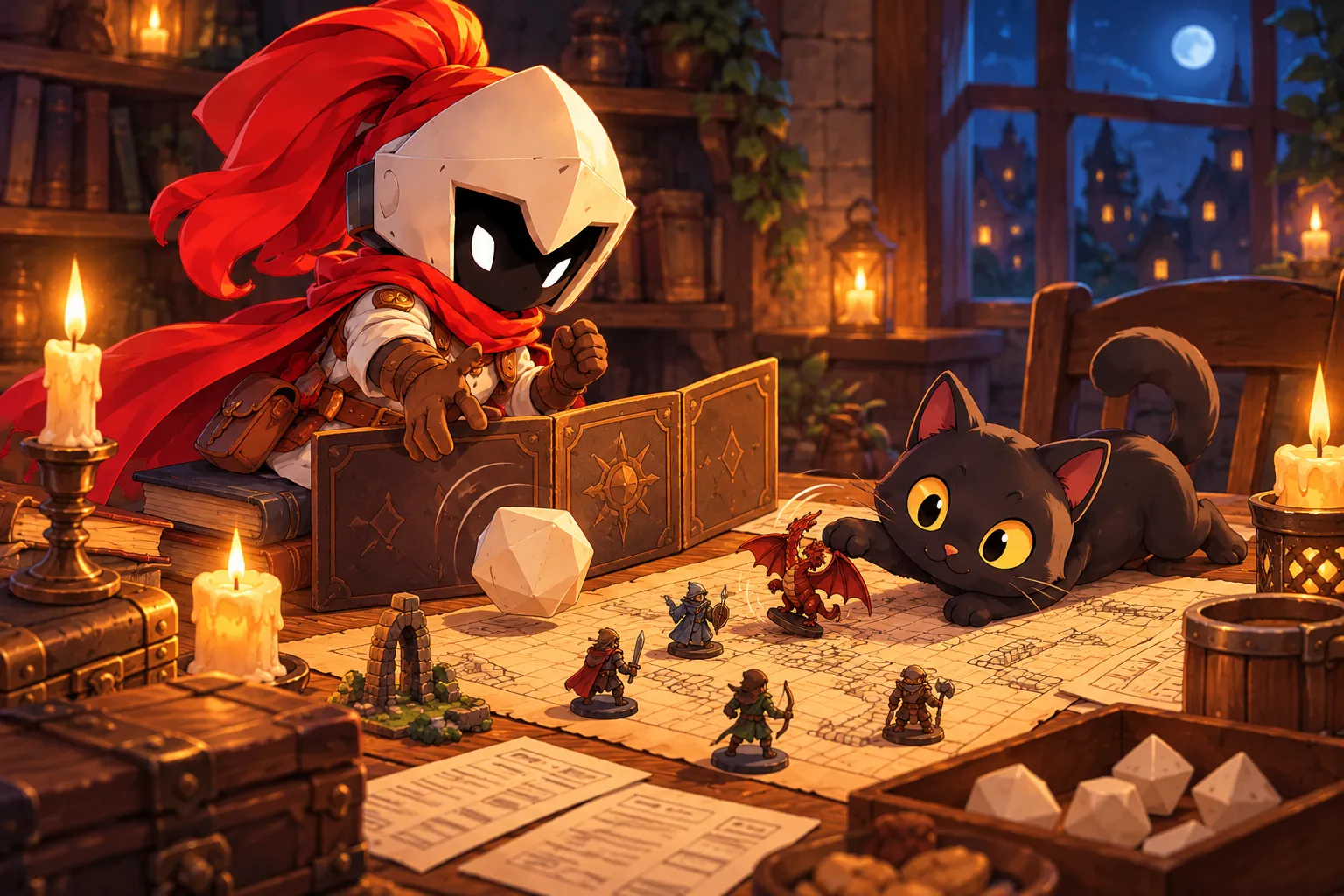 La mascotte de Makerllo en maître du jeu lançant un dé à vingt faces, son chat renversant une figurine
