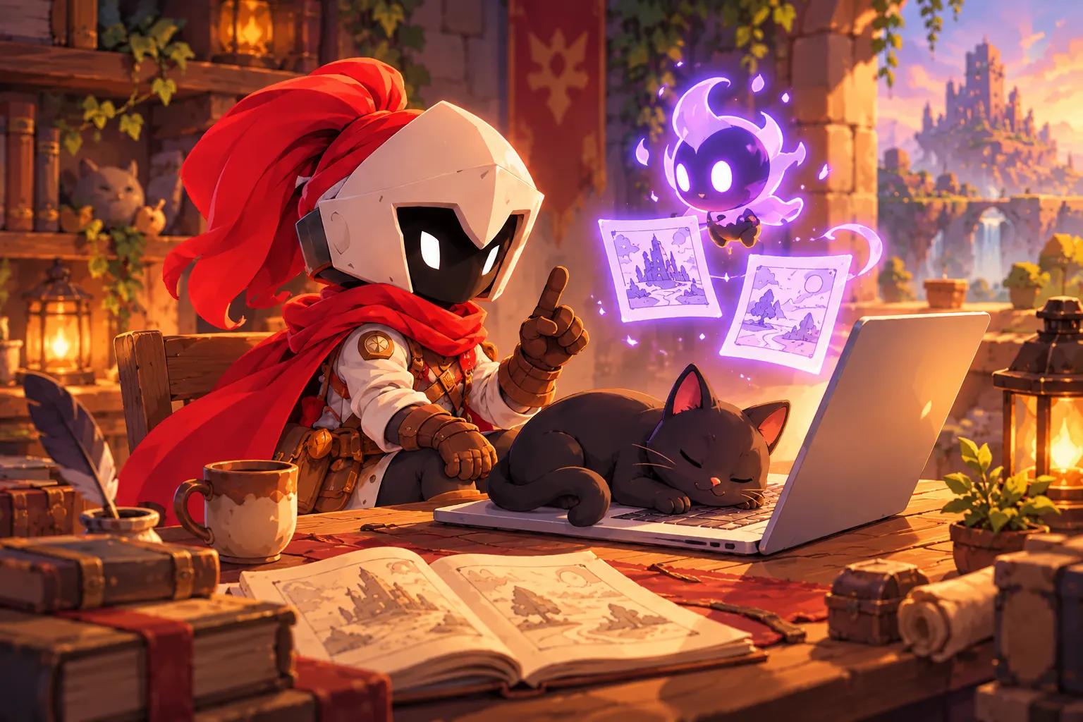 La mascotte de Makerllo lève le doigt devant un petit esprit violet qui lui tend une esquisse