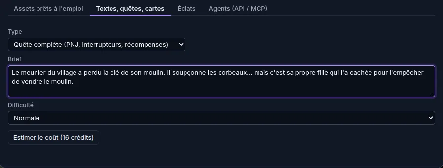 L'onglet « Textes, quêtes, cartes » de l'assistant IA avec une quête complète décrite dans le champ Brief