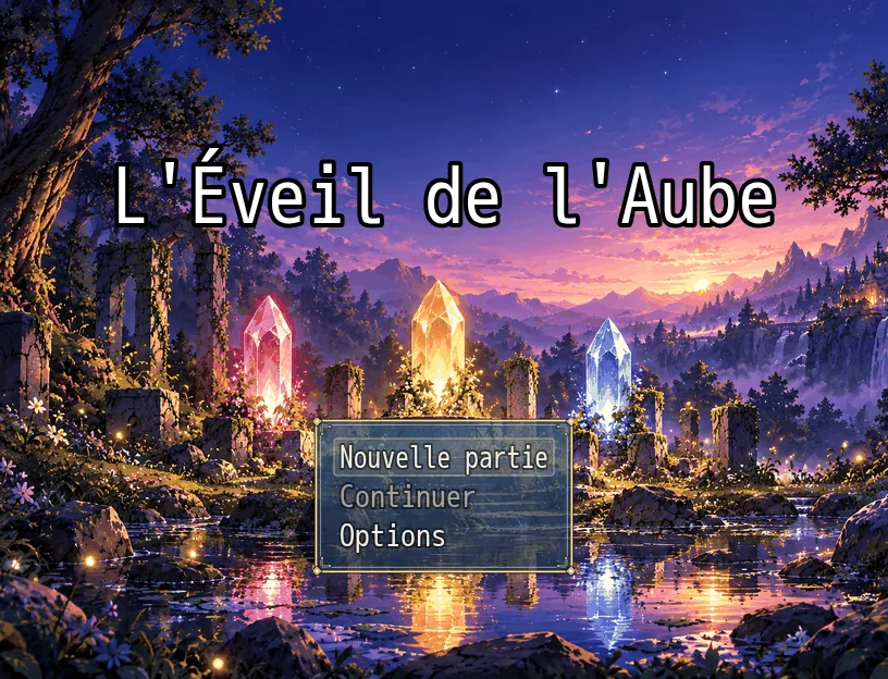 L'écran titre du jeu « L'Éveil de l'Aube », cristaux lumineux et forêt nocturne, menu Nouvelle partie, Continuer, Options