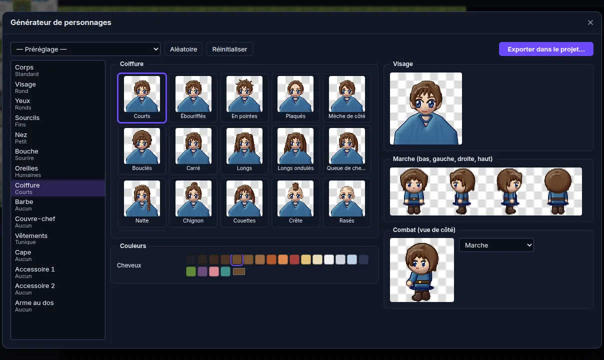 Le générateur de personnages de Makerllo : choix de coiffure, visage, sprites de marche et sprite de combat assortis