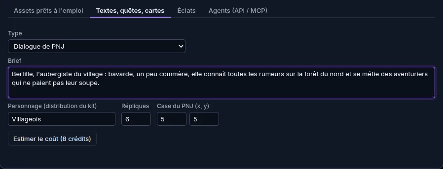 Fenêtre de l'assistant IA de l'éditeur Makerllo, onglet dialogue de PNJ, avec le brief d'une aubergiste bavarde