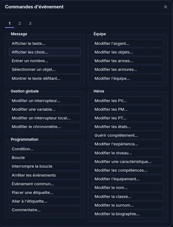 La fenêtre « Commandes d'évènement » : Afficher le texte, Modifier une variable, Condition, Boucle…