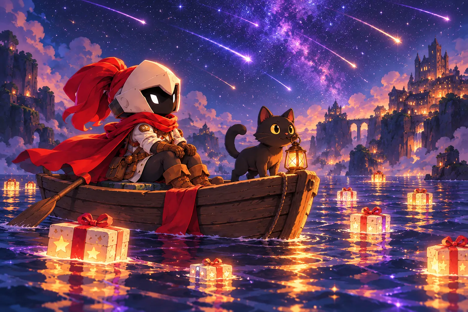 La mascotte de Makerllo dans une barque sous une pluie d'étoiles filantes, son chat à la proue, entourée de cadeaux lumineux