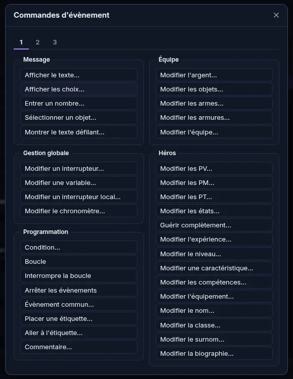 Fenêtre des commandes d'évènement de l'éditeur Makerllo avec les rubriques Message, Équipe et Programmation