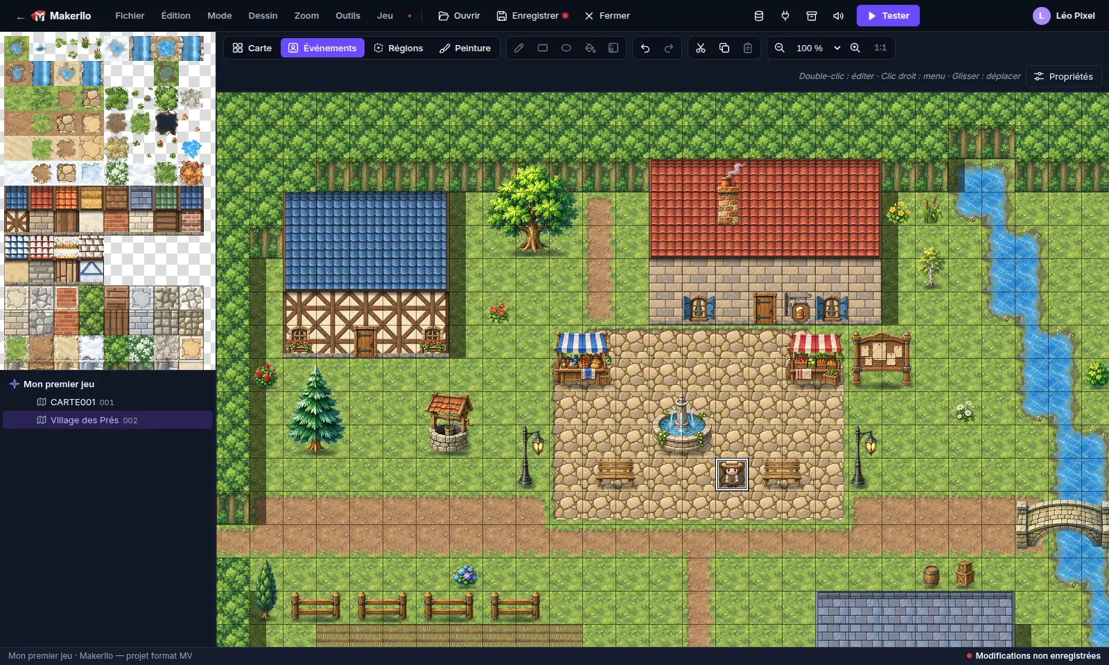 Le Village des Prés dans l'éditeur Makerllo en mode Événements : place pavée, fontaine, étals, auberge, rivière et PNJ