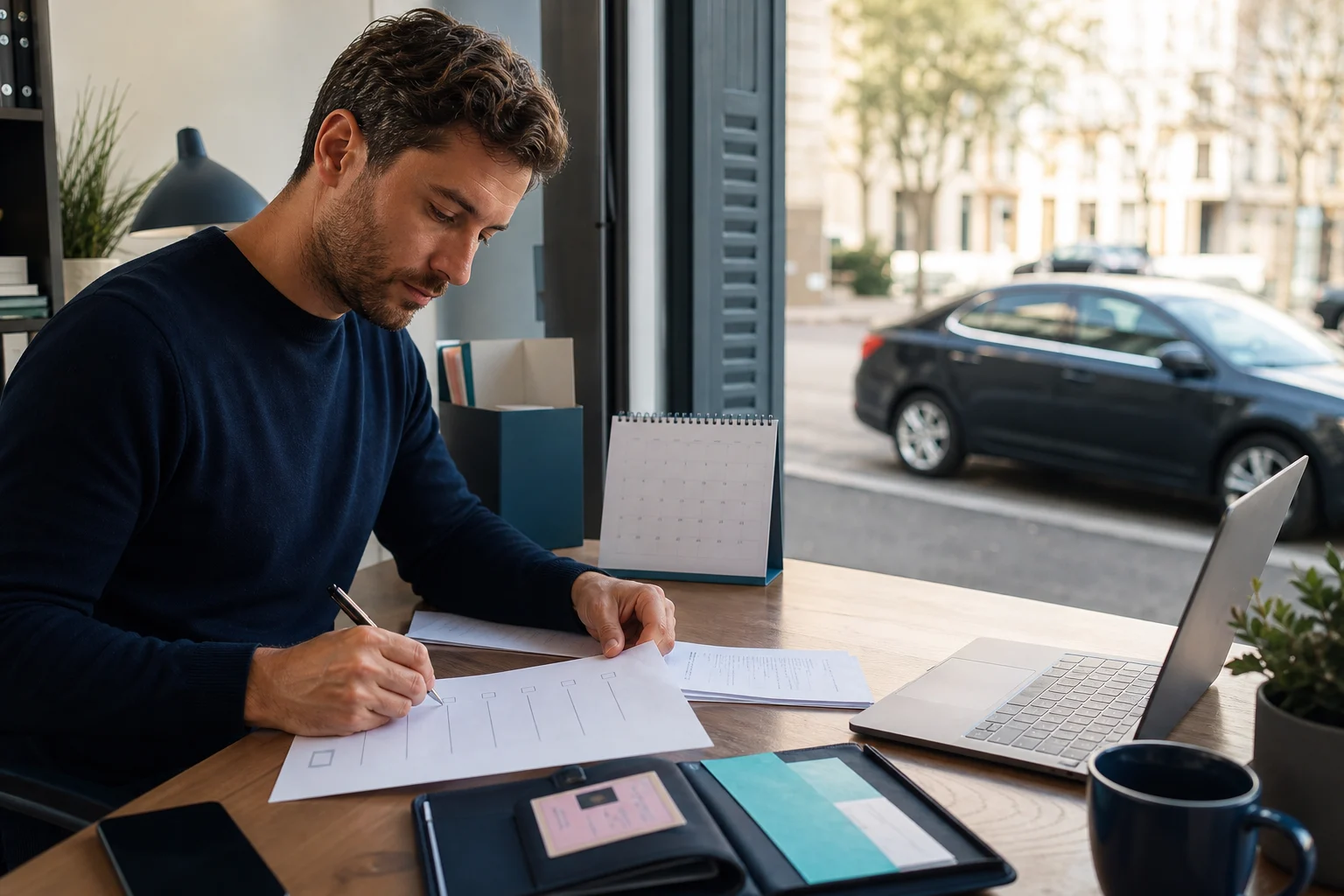 Candidat chauffeur VTC organisant les étapes de son projet professionnel