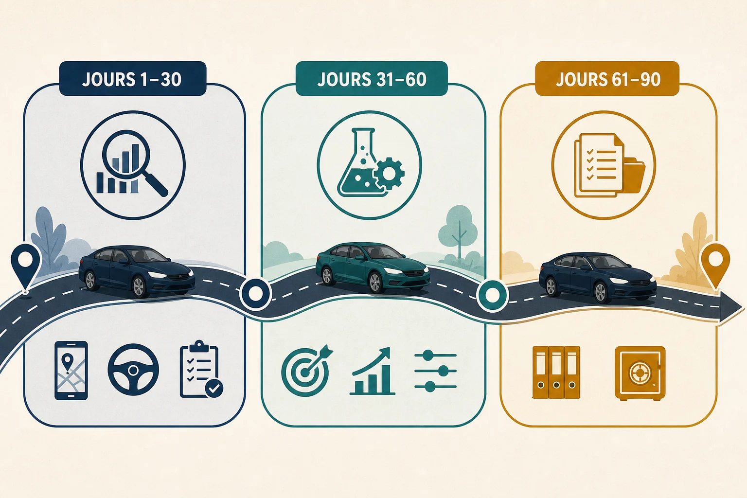 Tableau de bord des quatre-vingt-dix premiers jours d’une activité VTC